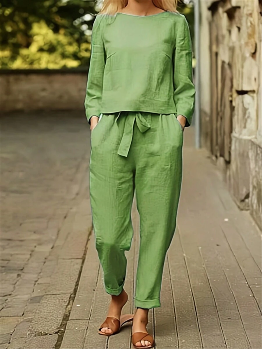 Women's Casual Solid Color Long Sleeve Top And Pants Set - Green - View 1