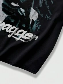 ROMWE MEN Street Life Men's Character Monogram Short-sleeved T-shirt - Black - View 8