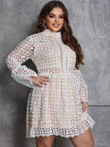 Eilly Bazar Plus Size Women's Lace Stand Collar Dress - White - View 4