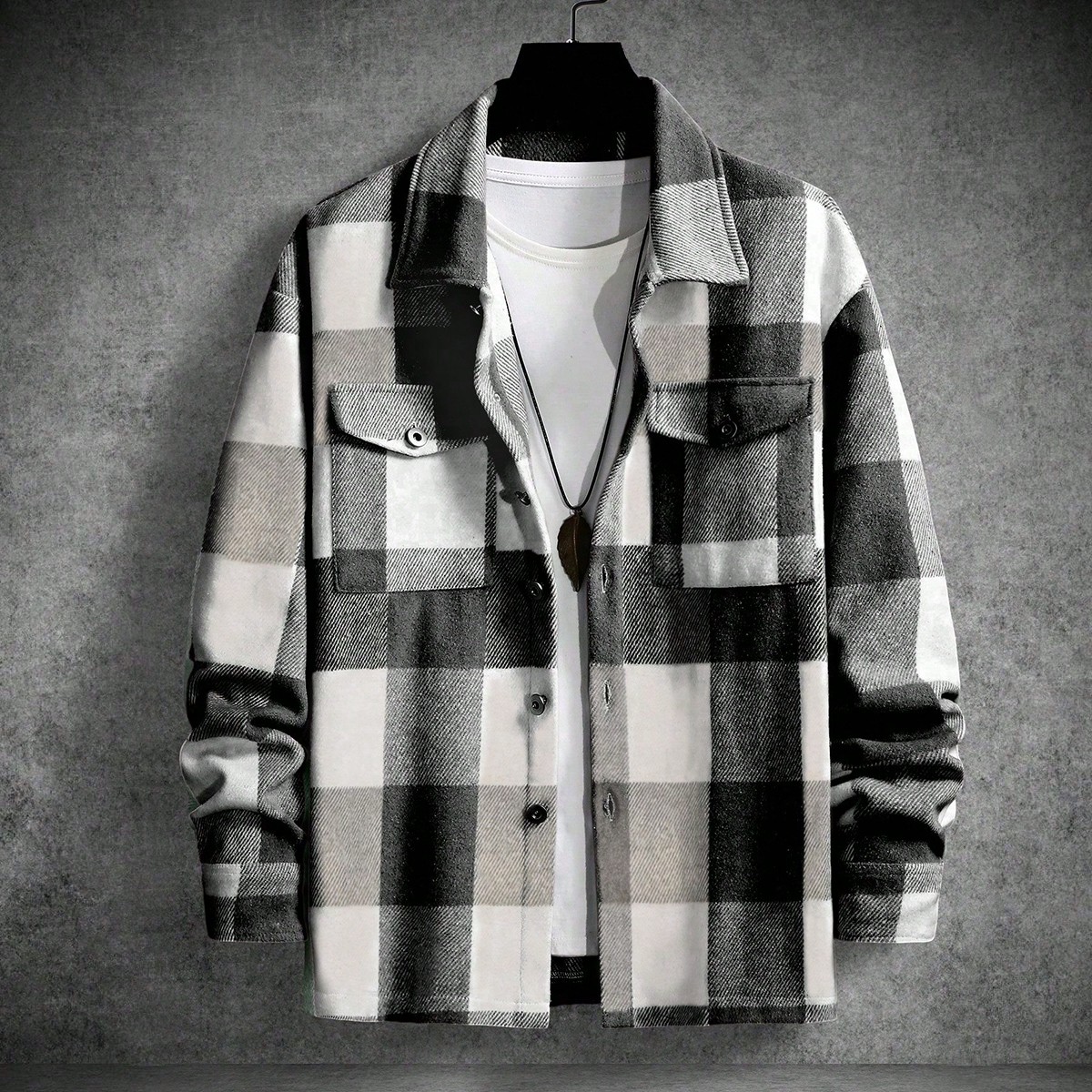 Chaqueta de manga larga con estampado de cuadros y bolsillo con solapa para hombres, chaqueta de franela a cuadros de manga larga y abotonada de uso d