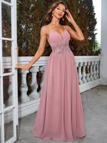 Elegant Party Waist Embroidered Chiffon Spaghetti Strap Bridesmaid Dress - Pink - View 8