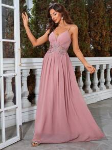 Elegant Party Waist Embroidered Chiffon Spaghetti Strap Bridesmaid Dress - Pink - View 5