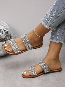 Kích thước lớn Của phụ nữ Mùa hè Đúng mốt Toàn trận Dép phẳng Với Pha lê Đồ trang trí , Mềm mại , Chóp giầy mở ra , Ngoài trời Giải trí Dép đi trong nhà - Rỉ Nâu - Xem 2