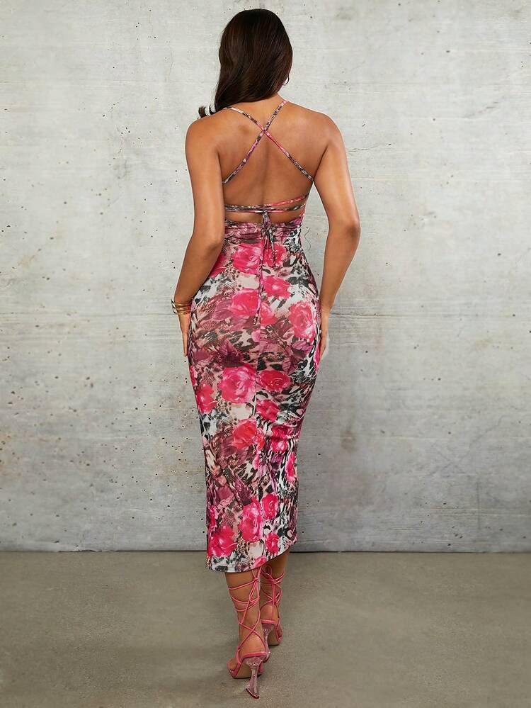 Red Animal Print Pattern Twist Ruffle Slit Cross Strap Summer Mesh Long Women's Dress