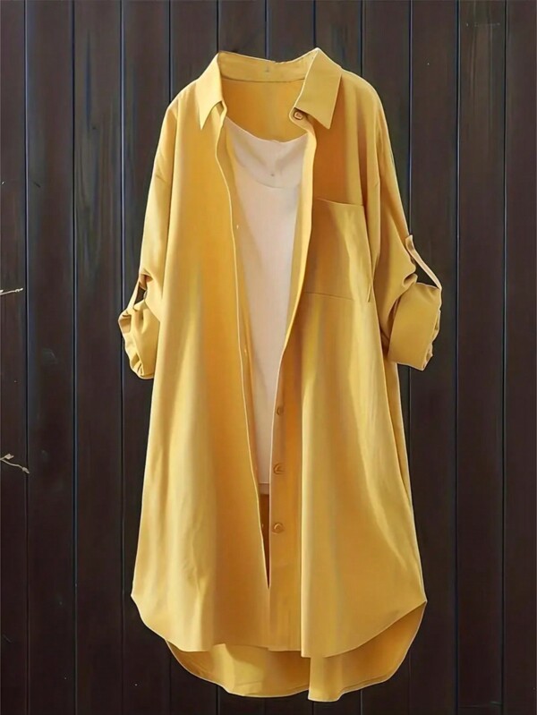 Women's Solid Color Roll-Up Sleeve Long Shirt, Casual And Fashion For Daily Wear