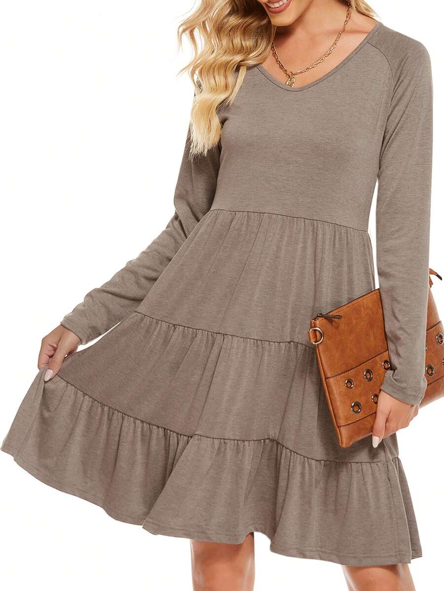 Của phụ nữ Thoải mái Giải trí Tay áo dài Nhiều lớp Xù Hoa Sen Đầm - Xám - Xem 1