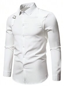 Manfinity AFTRDRK Men's Solid Color Plain Korean Fashion Long Sleeve Shirt, For Husband, Work, For Fall - White - View 3