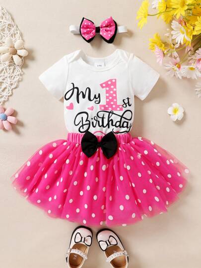 3pcs/Set Lovely Baby Girls" Soft Comfortable Breathable Letter Slogan Print Romper, Polka Dot Mesh Skirt And Headband