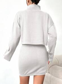 SHEIN Turtleneck Ribbed Knit Long Sleeve Top + Mini Skirt Two-piece Set - White - View 2