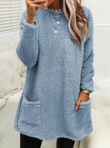 Casual Solid Color Double Pocket Long Sleeve Teddy Sweatshirt, Autumn/Winter - Blue - View 1