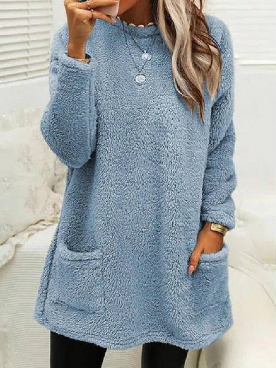 Casual Solid Color Double Pocket Long Sleeve Teddy Sweatshirt, Autumn/Winter - Blue - View 1