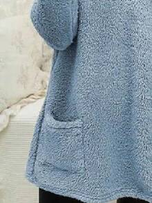 Casual Solid Color Double Pocket Long Sleeve Teddy Sweatshirt, Autumn/Winter - Blue - View 3