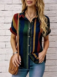 Women'S Striped Print Short Sleeve Shirt,Short Sleeve Tops - Green - View 1