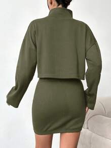 SHEIN Turtleneck Ribbed Striped Knit Long Sleeve Top + Mini Skirt 2pcs/set - Khaki - View 2