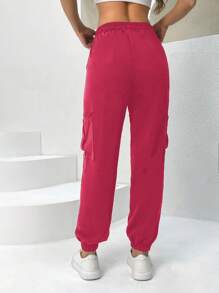 EURMUSE Pantalones De Carga Con Cordón De Cintura Y Color Sólido - Rosa Fucsia - Ver 2