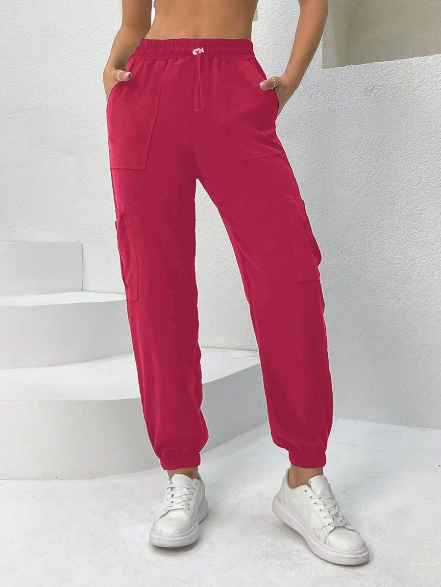 EURMUSE Pantalones De Carga Con Cordón De Cintura Y Color Sólido - Rosa Fucsia - Ver 1