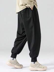 男士秋季大尺碼抽繩腰部寬鬆斜口袋運動運動褲 - 黑色 - 查看 4