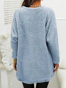 Casual Solid Color Double Pocket Long Sleeve Teddy Sweatshirt, Autumn/Winter - Blue - View 2