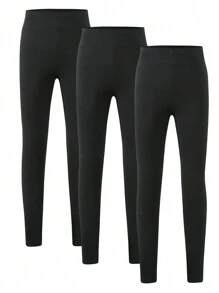 Conjunto De 3 Leggings Pretas Simples De Cor Sólida Para Pré-adolescentes