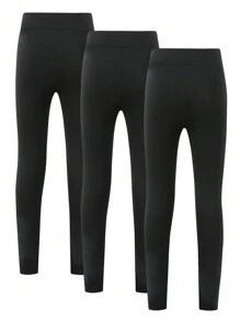 Conjunto De 3 Leggings Pretas Simples De Cor Sólida Para Pré-adolescentes