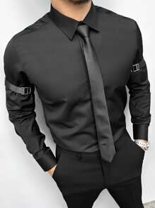 Manfinity Homme Nam màu trơn Tay áo dài Áo sơ mi Với Da Chi tiết nút buộc - màu đen - Xem 1