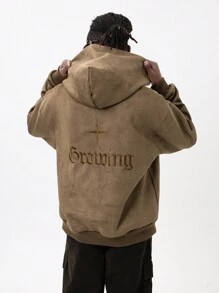 男士美式絨面革刺繡連帽衛衣 - 咖啡棕 - 查看 1