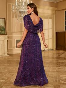 UNITHORSE V-Neck Sparkly Evening Gown Dress Elegant Formal Prom Wedding Guest Dress, For Graduation, Dinner Party Dress, Bride Dress, Birthday Women Outfits, Dress - Purple - View 2