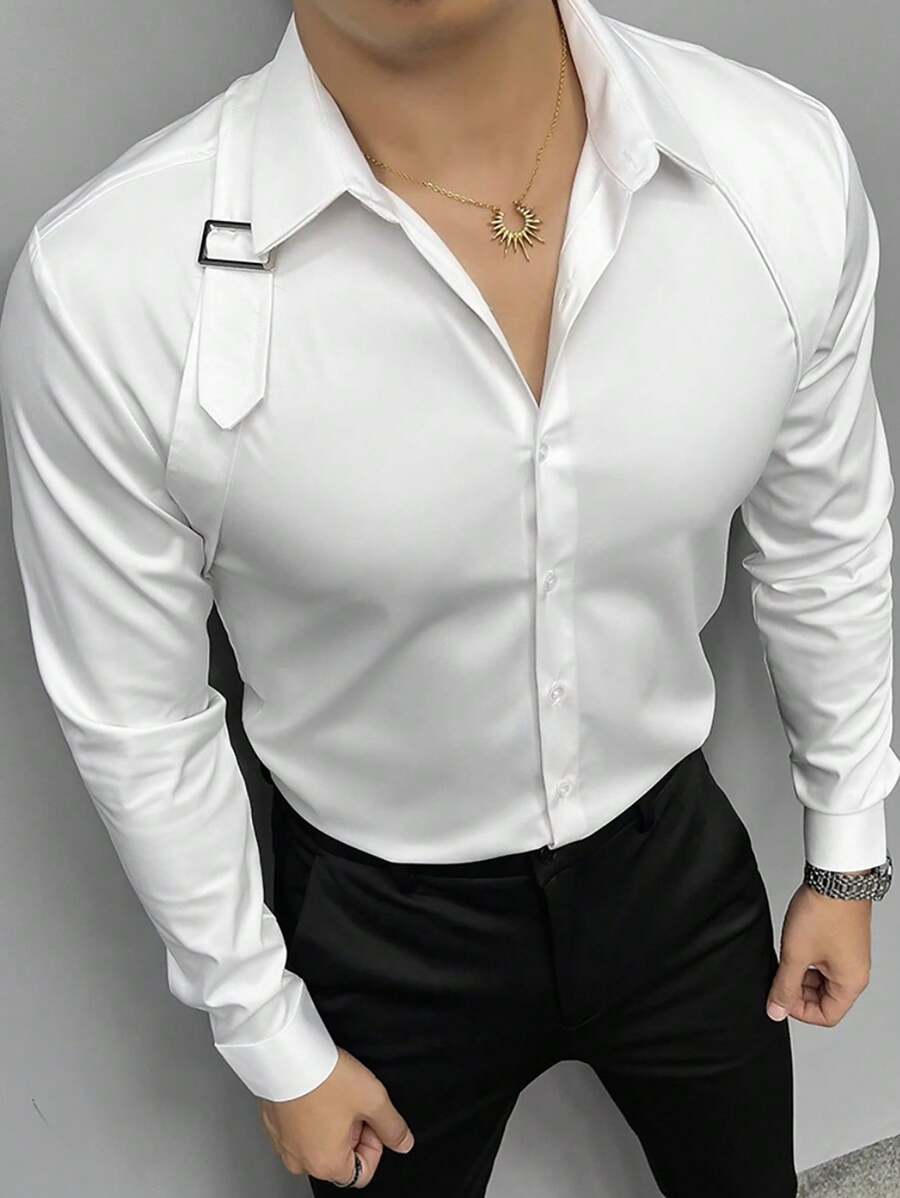 Manfinity AFTRDRK Men's Solid Color Plain Korean Fashion Long Sleeve Shirt, For Husband, Work, For Fall - White - View 1
