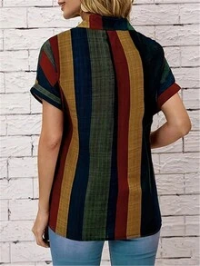 Women'S Striped Print Short Sleeve Shirt,Short Sleeve Tops - Green - View 2