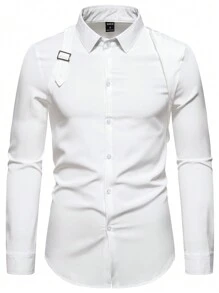 Manfinity AFTRDRK Men's Solid Color Plain Korean Fashion Long Sleeve Shirt, For Husband, Work, For Fall - White - View 4