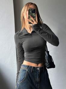 DAZY Women's Short Sleeve Cropped T-Shirt With Lapel Collar - Dark Grey - View 4