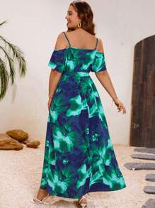 SHEIN VCAY Vestido Longo Romântico de Verão com Grandes Estampa Floral e Ombros de Fora para Mulheres Plus Size - Multicolorido - Visão 2