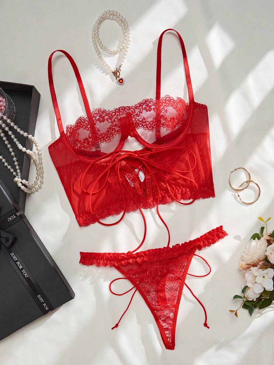 SHEIN Ladies' Sexy Lace Lingerie Set With Front Knot