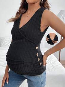 SHEIN Maternity Wrap Nursing Dress With Button Detail And Pleated Design - Black - View 2