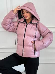 EURMUSE Women'S Solid Color Hooded Short Padded Jacket With Zipper - Baby Pink - View 1