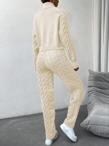 SHEIN Essnce Women's Two Pieces Set Of Twisted Knit High Neck Sweater - Beige - View 2
