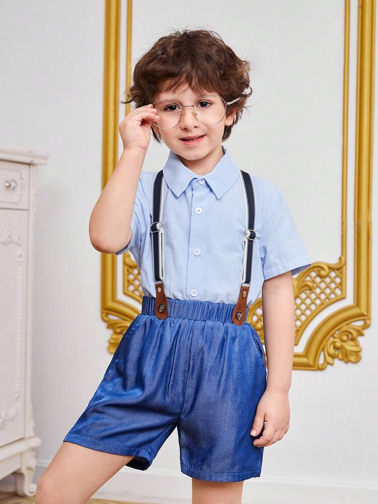 2pcs/Set Young Boys' Fashionable And Casual College Style Shirt Set, Gentleman And