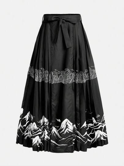 Tonåring Tjejer Berg Mönster Tryckt Plisserad Kjol Kinesisk stil Klänningar