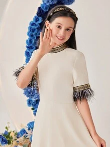 SHEIN Tween Girls' Tassel Sleeve Cuff & Weaving Trim Spliced Dress Modest Dress - White - View 5