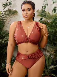 SHEIN Swim Curve Plus Size Women's Glittery Ruched Bikini Set Wedding Summer Beach - Brown - View 3