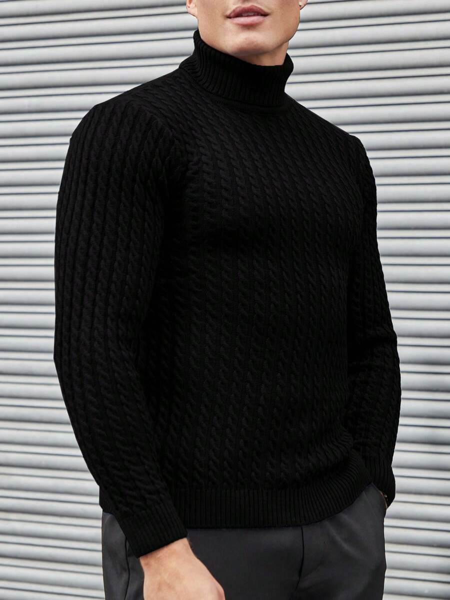 RueChic Men'S High Collar Long Sleeve Twist Knit Sweater - Black - View 1