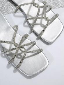 女款銀色鑽石方頭平底涼鞋,適用於休閒夏季/秋季穿搭,時尚百搭 - 銀色 - 查看 6