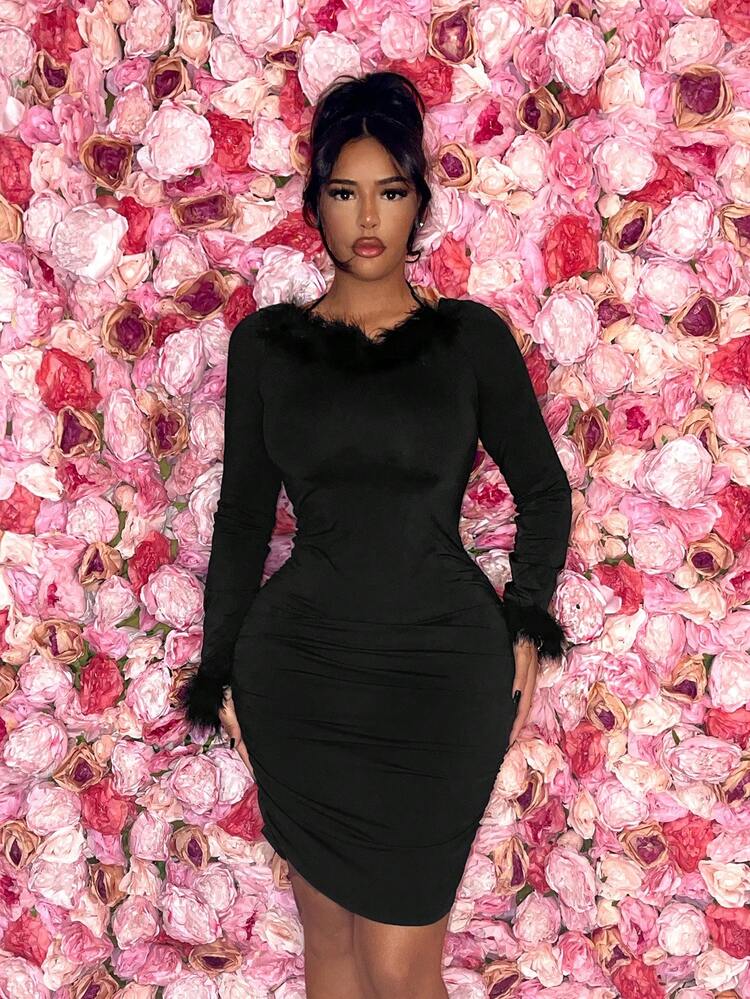 Sexy Feather Patchwork Bodycon Dress For Club New Year's Eve Party