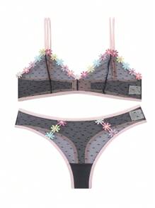Ladies Sexy Mesh Lingerie Set With Floral Embroidery, 4pcs - Multicolor - View 8