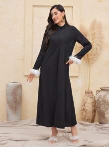 Al Najma Women'S Stand Collar Dress With Furry Sleeve Cuffs Kaftan Jalabiya Dress - Black - View 3