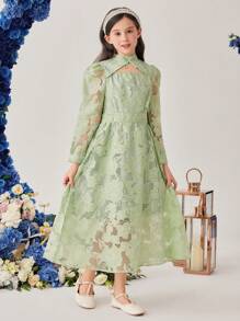 Tween Girl Floral Jacquard Cutout Front Dress Eid Dress - Green - View 4