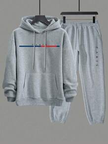 Men's Hooded Casual 2pcs/set With Text Print - Grey - View 3