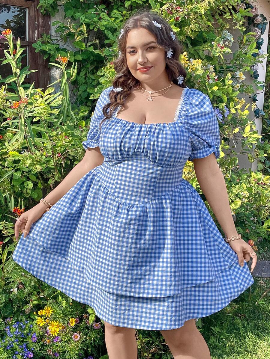 Dreamara Retro Kẻ sọc Hình vuông Đường viền cổ áo Kích thước lớn Của phụ nữ Đầm - Nhiều màu - Xem 1