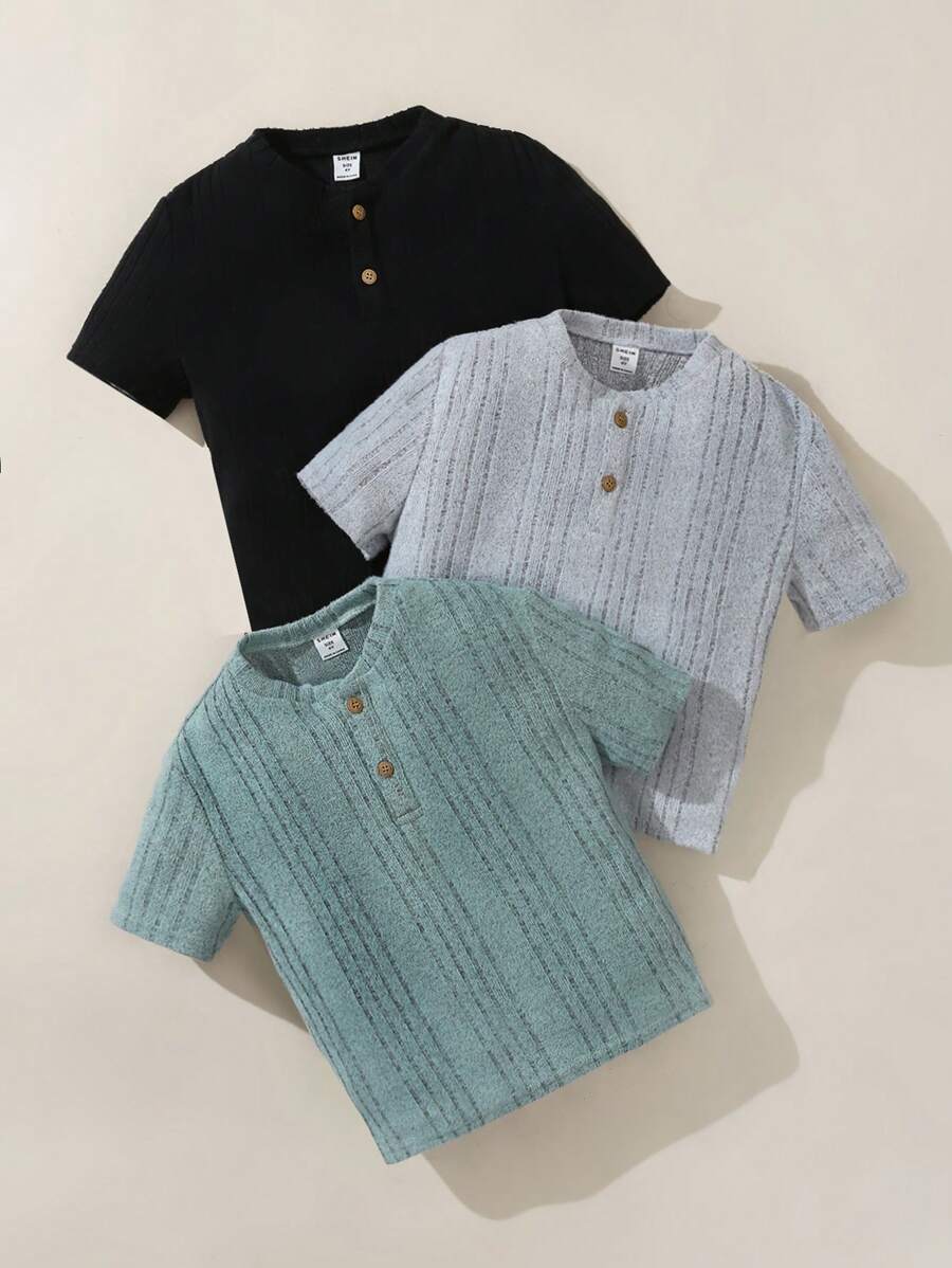 Camiseta De Manga Corta Con Botones Y Ajuste Informal Para Niño, Conjunto De Tres Piezas