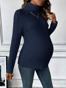 SHEIN Maternity High Neck Long Sleeve Sweater, For Winter - Navy Blue - View 6